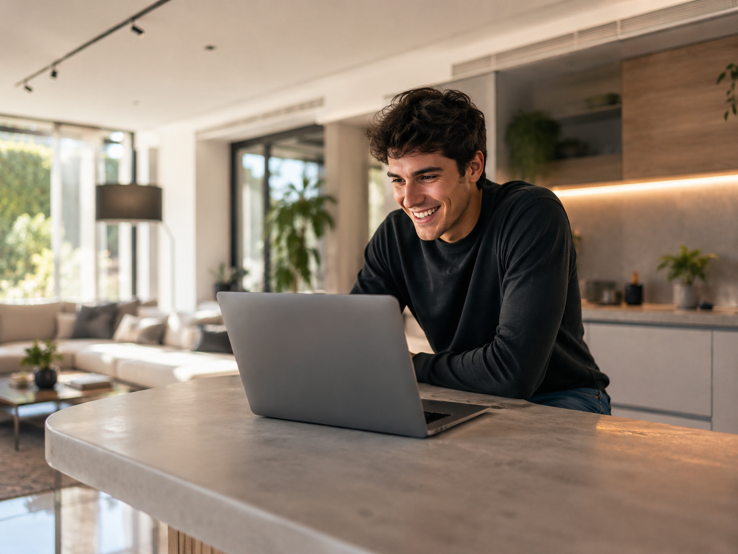Ragazzo al computer in una casa moderna